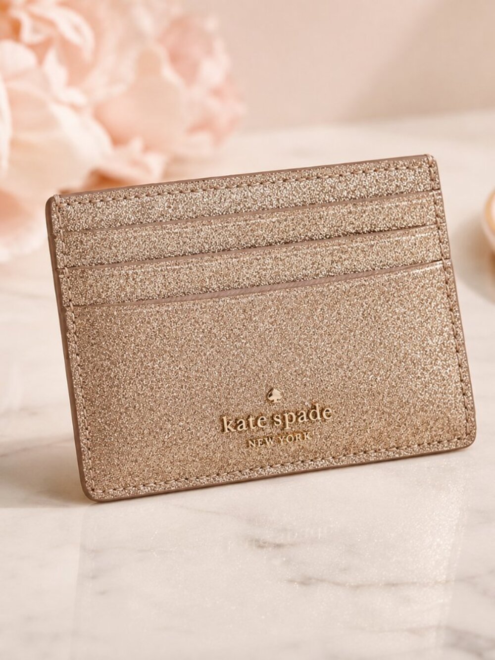Kate Spade Gold Glitter Slim Card Holder Wallet NWT